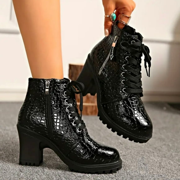 Fankiway Women's Lace Up Ankle Boots Chunky Heel Pointed Toe Winter Boots for Women Fashion Thick Sole Comfortable Black