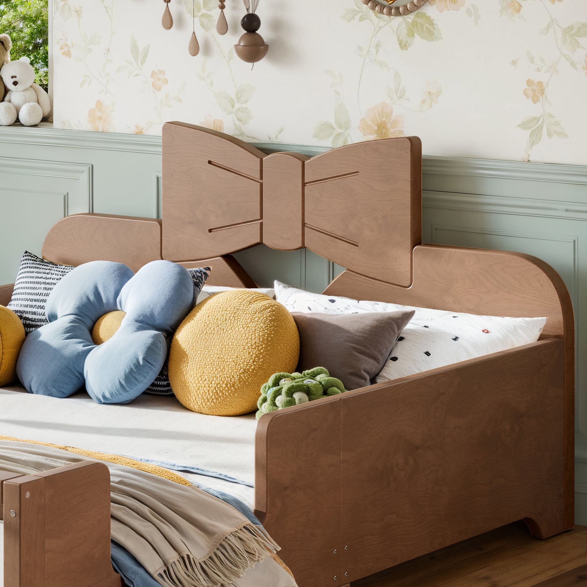 Leumius Full Platform Bed,Modern Wood Frame Bed with Full Surround Guardrails & Built-in Side Bookshelf for Kids Room,No Box Spring Needed,Deep Natural