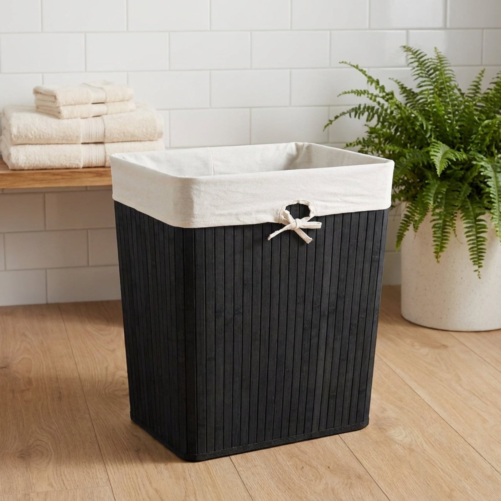 SUGIFT Rectangle Bamboo Laundry Hamper with Lid and Removable Liner, Woven Laundry Basket for Bathroom Bedroom, Black