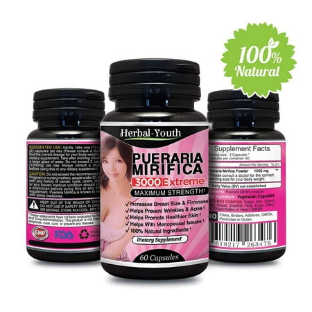 Natural Pueraria Mirifica Daily 1000mg Capsules - Breast Enhancement Pills For Women - Breast Enlarger, Vaginal Health, Menopause Relief, Skin & Hair Health 60 Vegetarian