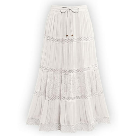Crinkled Eyelet Lace Tiered Ivory Skirt with Elastic Waistband - Stylish Summer Skirt