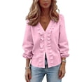 thumbnail image 2 of Jsaierl Women's Casual Solid Color Ruffle Collar Long Sleeve Ruffle Shirt Blouse V Neck Peasant Sleeve Button Down Shirt Tops, 2 of 9