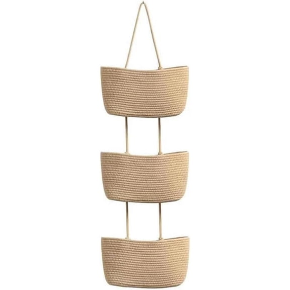 Decorative 3-Tier Hanging Organizer Bag, Woven Cotton Wall Storage Basket for Bathroom, Bedroom, Closet, Entryway (Khaki)