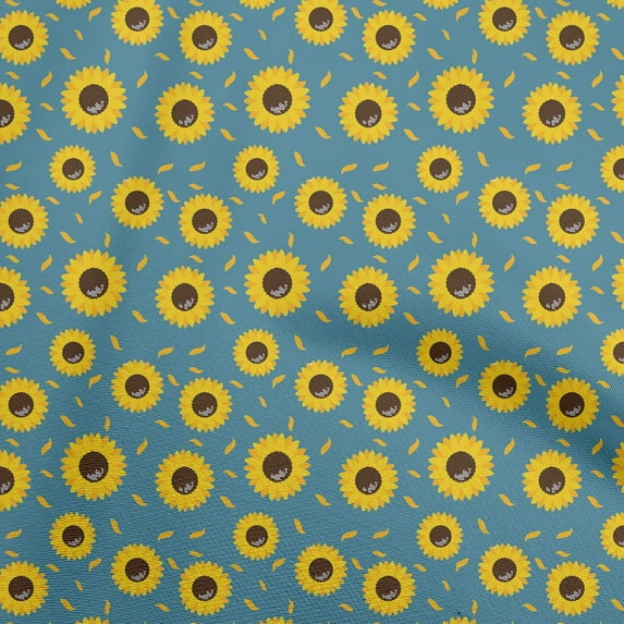 oneOone Viscose Chiffon Teal Blue Fabric Floral Sunflower Silhouette Craft Projects Decor Fabric Printed By The Yard 42 Inch Wide