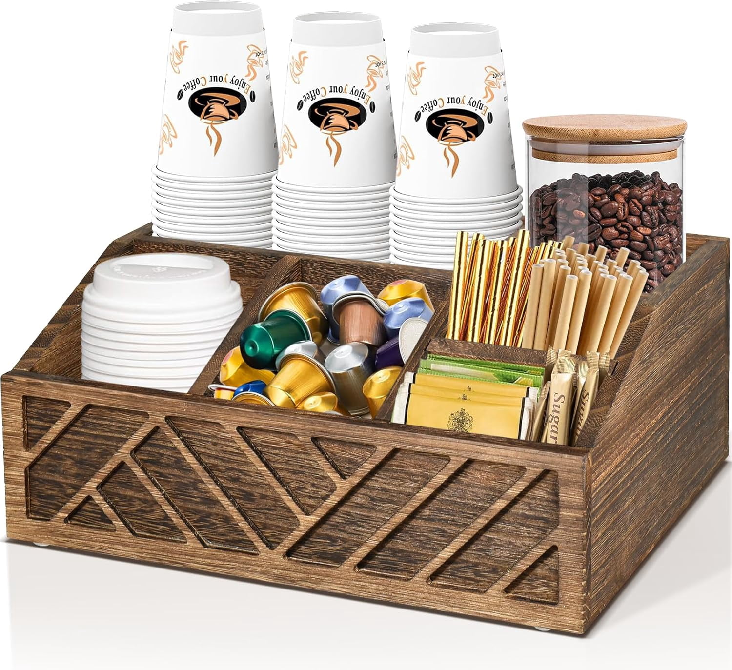 WATUNID Wooden Coffee Station Organizer - Countertop Storage With Drawer For K-Cups & Condiments - View #2