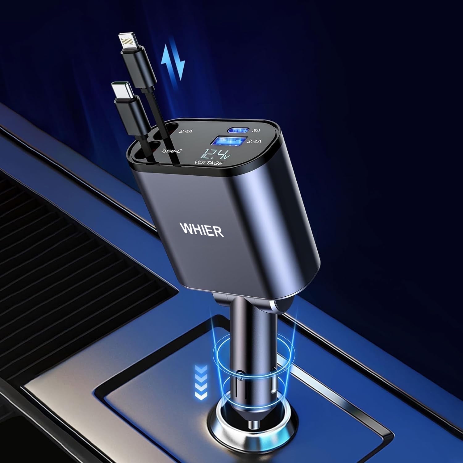 4-in-1 Retractable Car Charger With Window Breaker – USB-C Fast Charging, USB-A, Lightning For IPhone, Galaxy