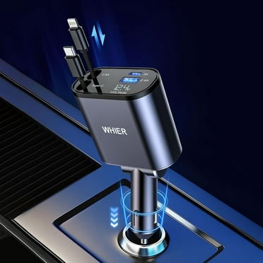 Retractable Car Charger,100W 4 in 1 Super Fast Charge Car Phone Charger,Retractable Cables (31.5 inch) and 2 USB Ports Car Charger Adapter for iPhone 15/14/13/12 Pro Max XR,iPad,Samsung