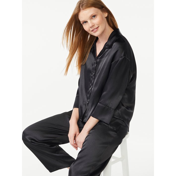Joyspun Women's Satin Pajama Sleep Set, 2Piece, Sizes up to 3X