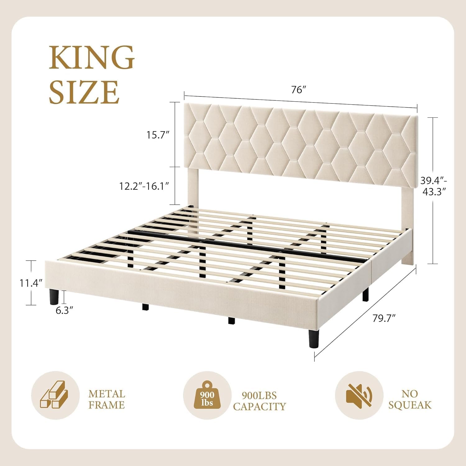 Ivory White King Bed Frame, Upholstered Headboard, Heavy-Duty Wood Slat Platform, No Box Spring, Easy Assembly