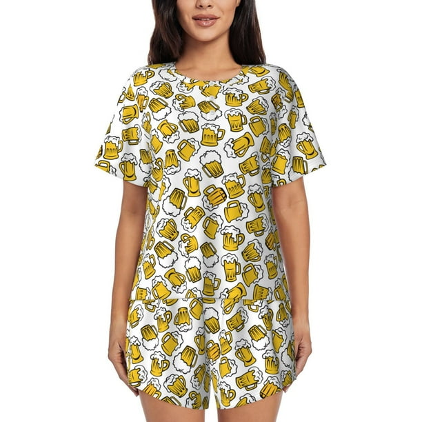 Balery Beer Conjunto de Pijama para Mujer con Estampado, Dos Piezas de Manga Corta y Shorts, Ropa de Dormir Suave con Cuello Redondo y Bolsillos-Large