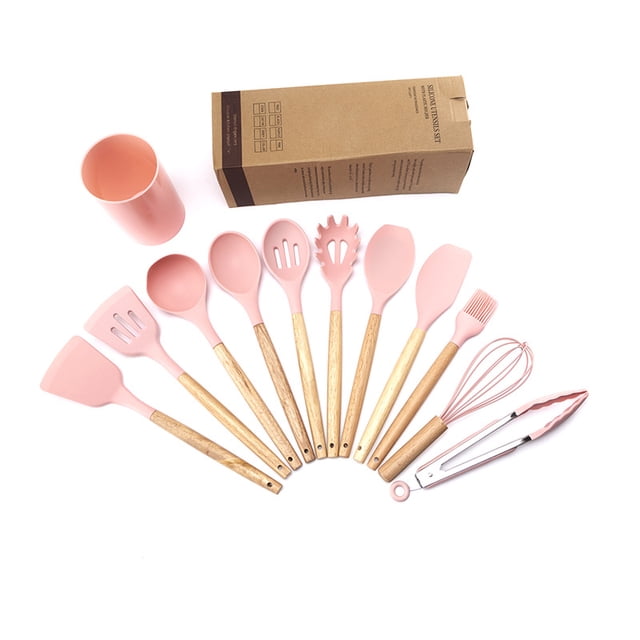 Utensilios de cocina de silicona, 12 piezas, sartén antiadherente, utensilios de cocina, espátula con mango de madera, cuchara para sopa, raspador, traje