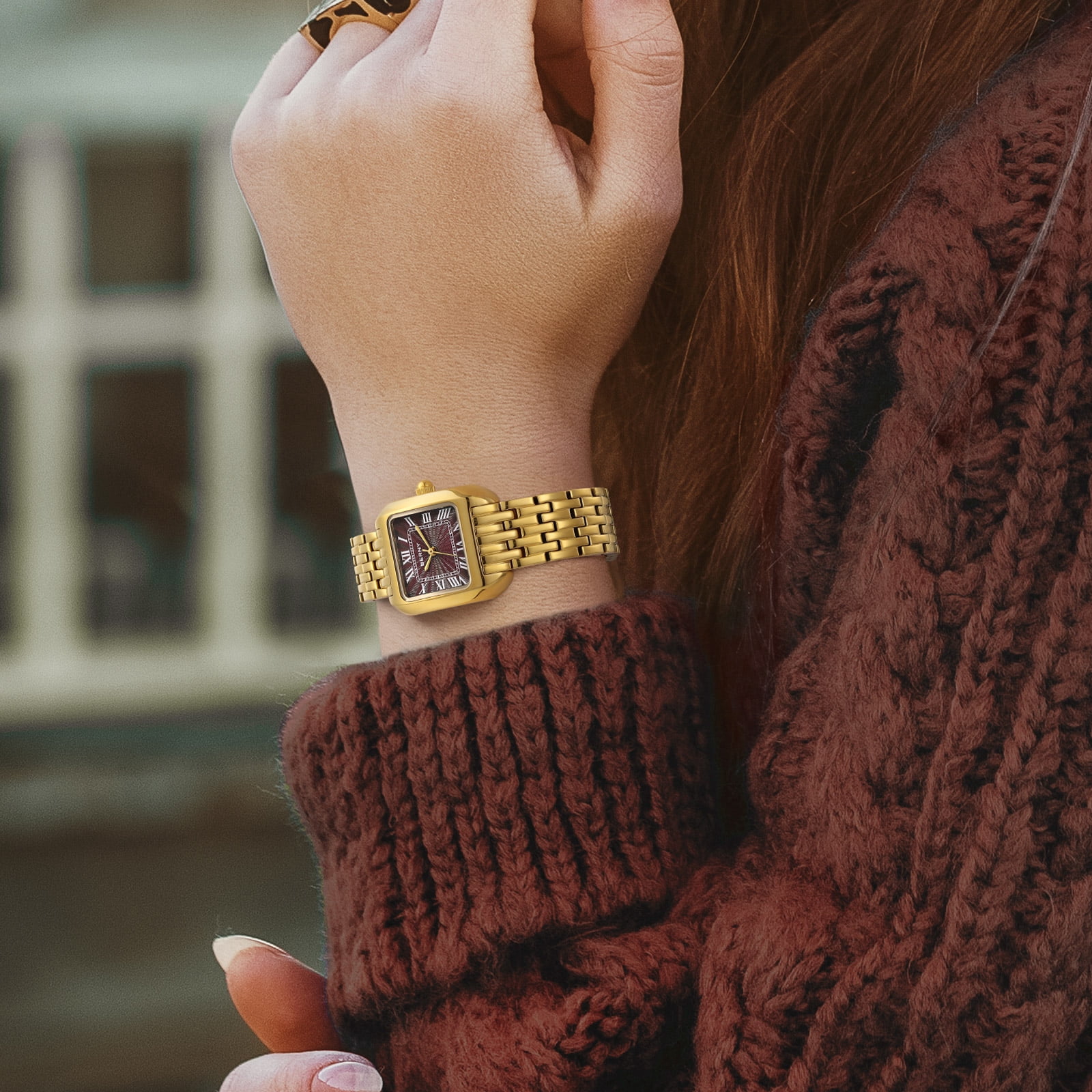 BERNY Gold Watches for Women, Square Dainty Ladies Analog Quartz Watch with Roman Numeral, Stainless Steel Bracelet Watch, Classic Waterproof Women Wristwatch Gift, Brown