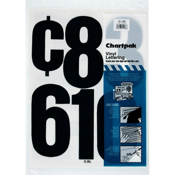 Chartpak PressOn Vinyl Numbers, Self Adhesive, Black, 6"h, 21/Pack