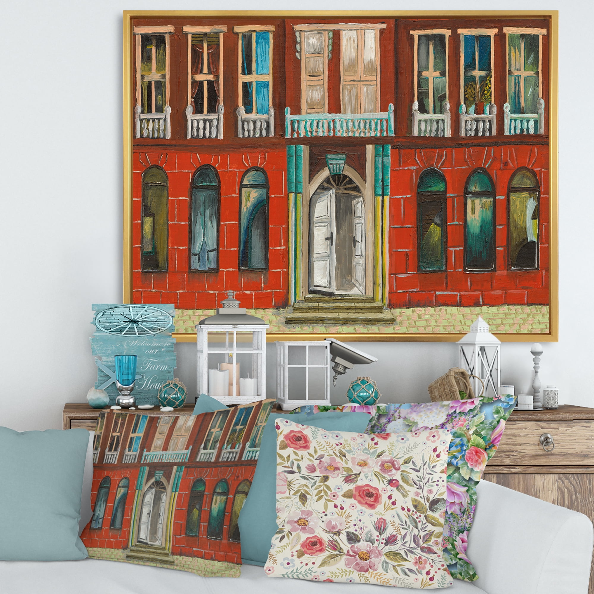 Designart 'Vintage Red Facade of Shop In Paris II' French Country Framed Canvas Wall Art Print