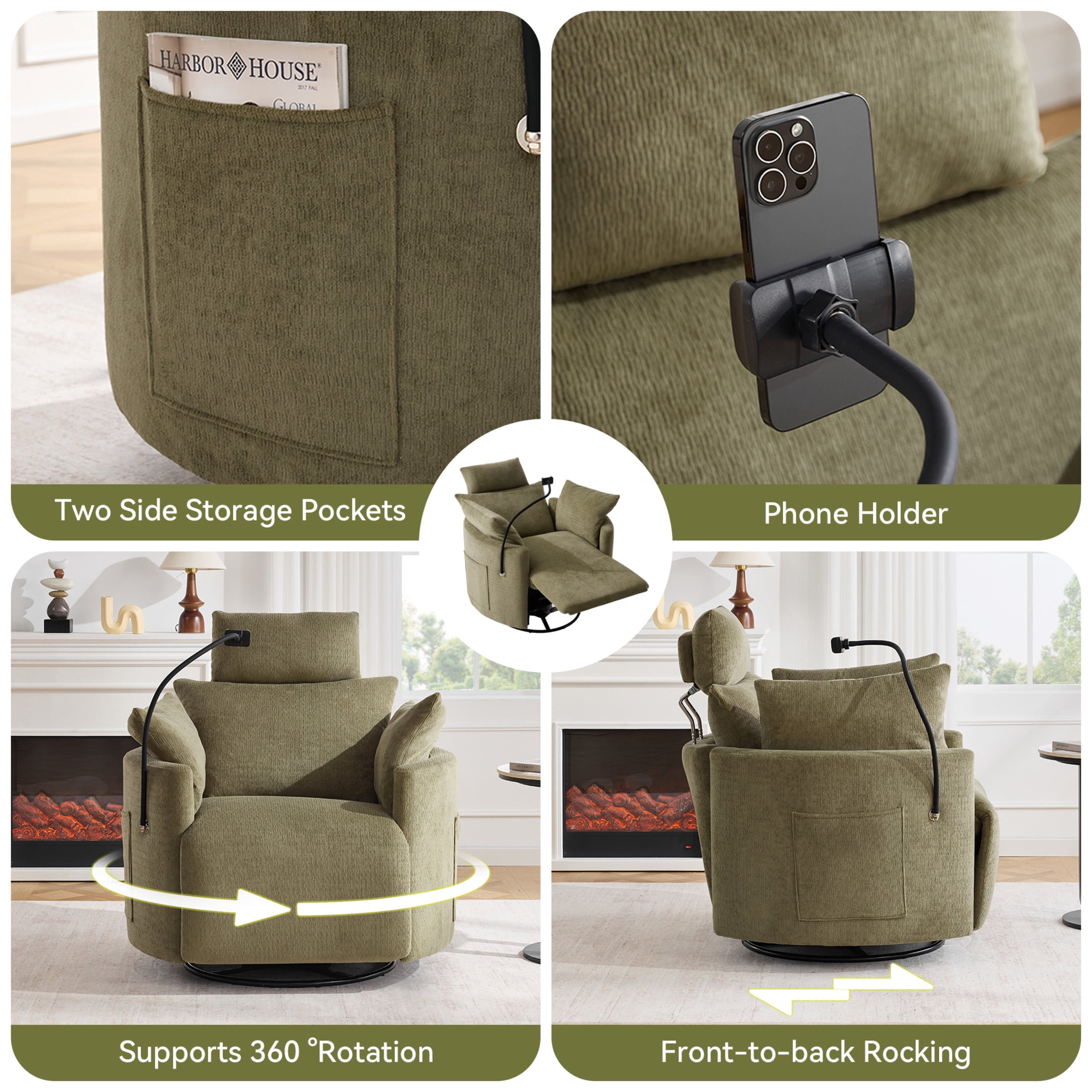 Noble House Sigrid 360° Swivel Rocking Recliner Chair, Electric Power Adjustable Chenille Armchair with USB, Light Green