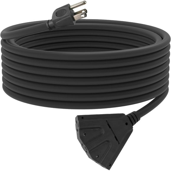 SHIQI-25 Ft Outdoor Extension Cord with 3 Electrical Power Outlets - 16/3 SJTW Black Cable with 3 Prong Grounded Plug