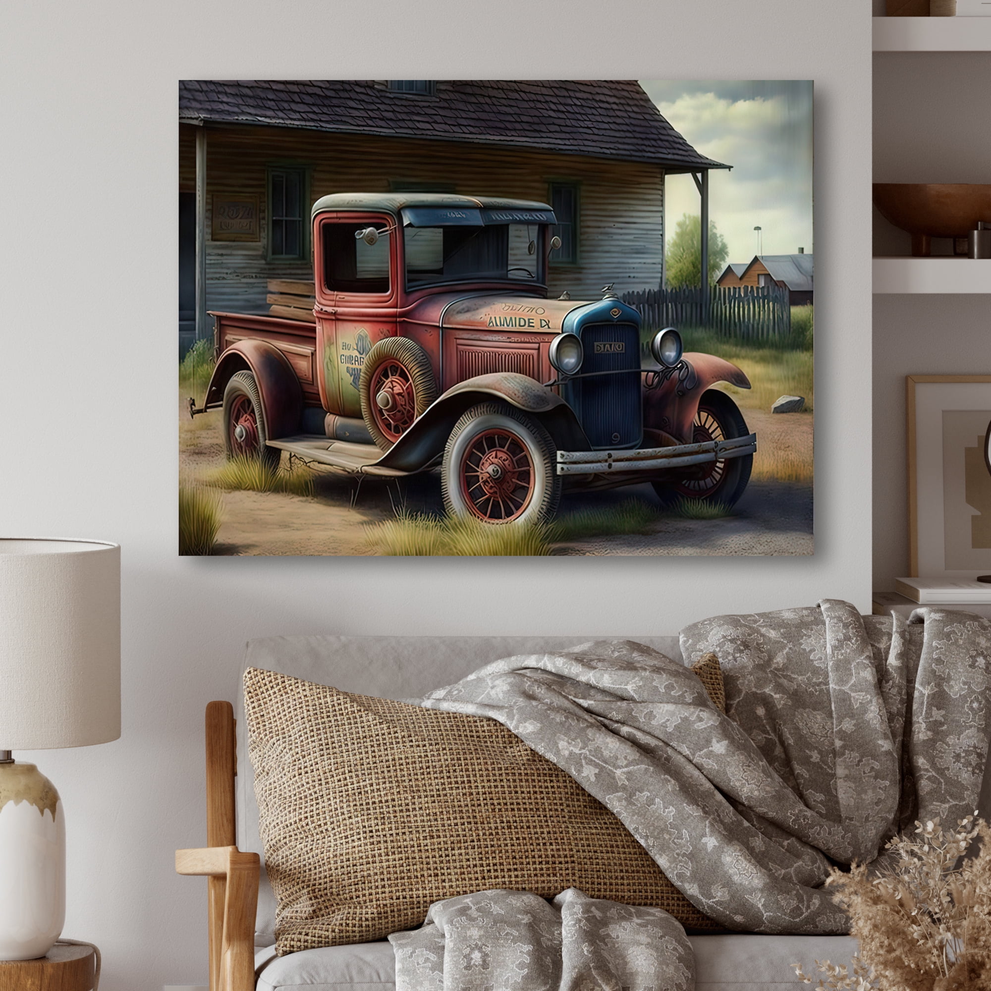 Designart 30S American Car At The Barn Canvas Wall Art