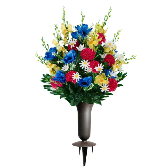Sympathy Silks Artificial Cemetery Flowers Blue Anemone Garden Mix Bouquet with Vase