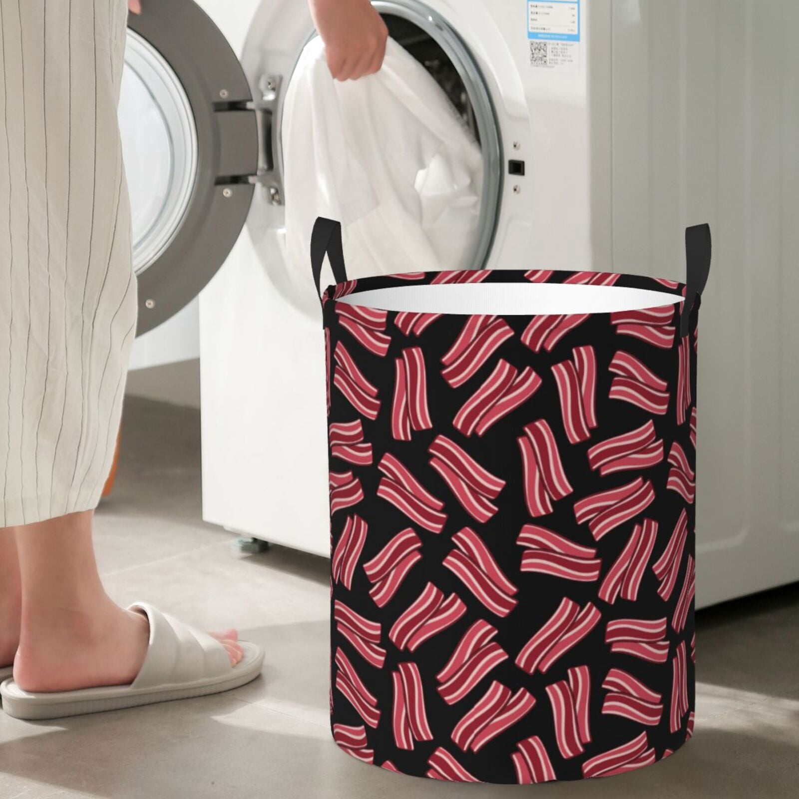 Large Laundry Basket with Handles - Bacon Print Black Kids Baby Dirty Clothes Laundry Hamper for Bedroom Aesthetic