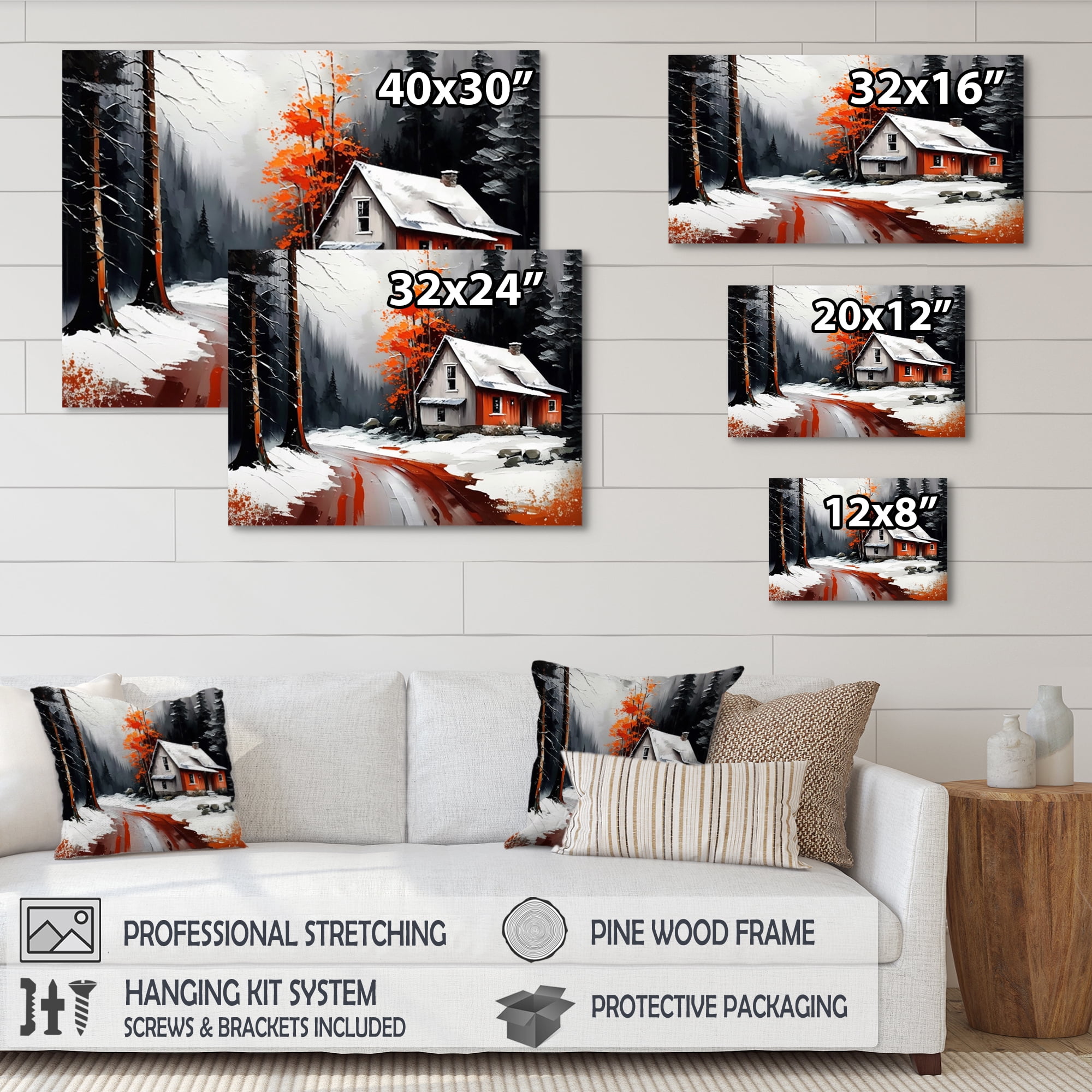 Designart Monochrome Orange Cottage In Winter IV Canvas Wall Art
