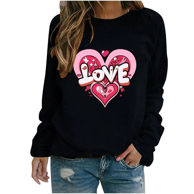 Amzcrzy Hauts pour Femmes Décontractés Col Rond Printemps Été Hauts Mode Imprimé Cœur d'Amour Saint-Valentin Chemises pour Femmes Classique Polyvalent Manches Longues Tee-Shirt Valentines