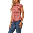 thumbnail image 5 of INSPIRE CHIC Women's Point Collar Short Cap Sleeves Plaids Button Down Shirt XL Reds, 5 of 7
