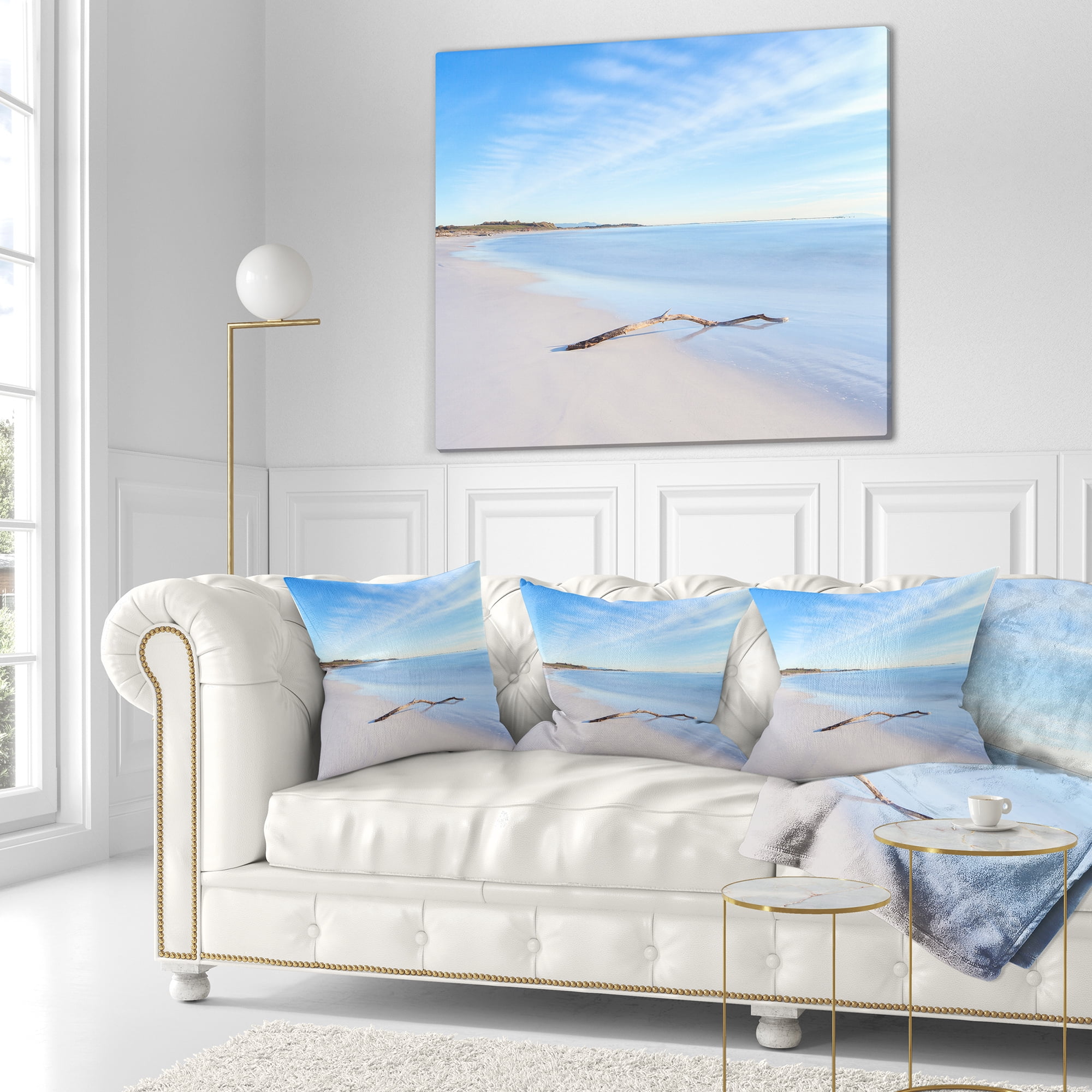 Designart Wood Branch on White Beach - Modern Seascape Throw Pillow - 18x18