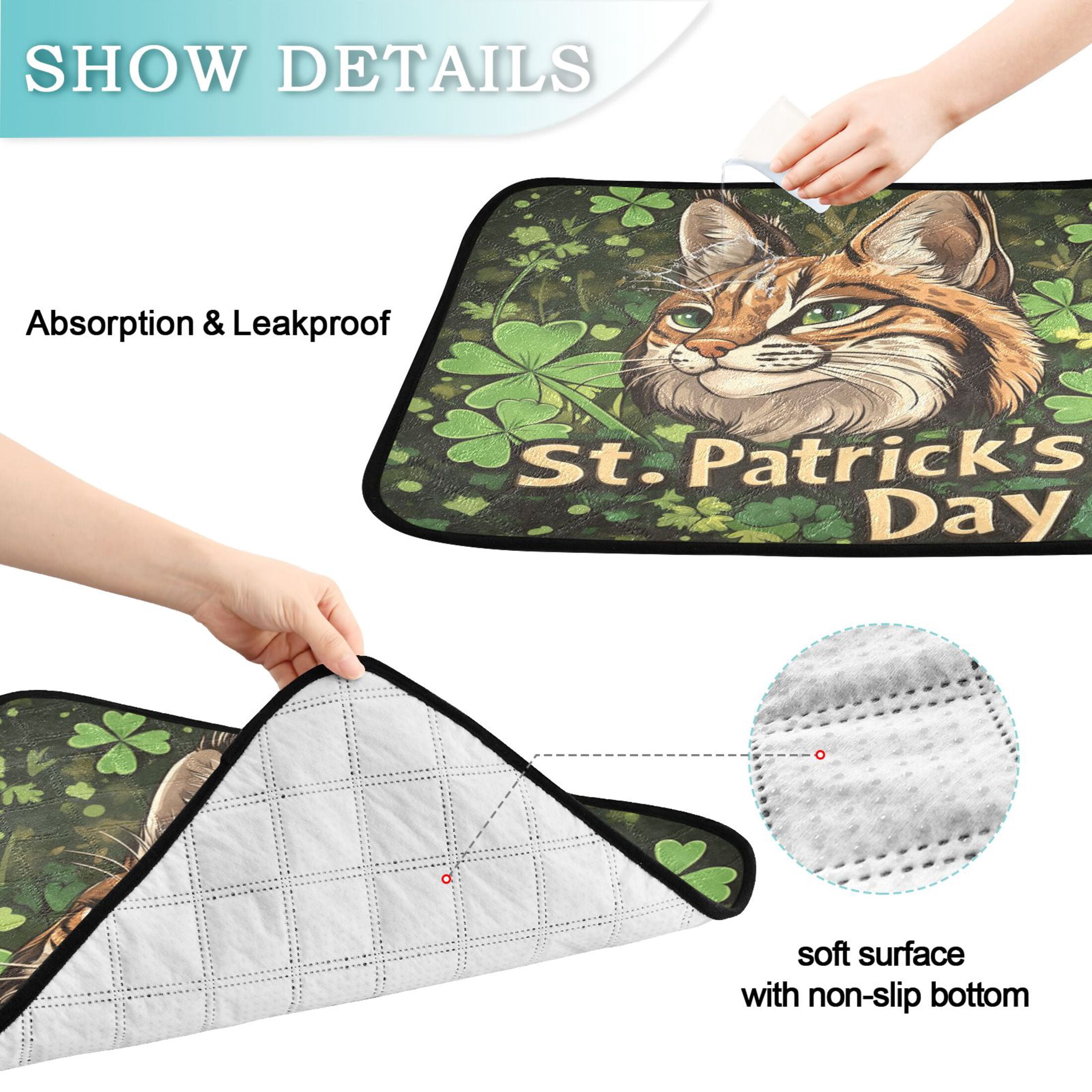 Qxltty Stpatricks Day Cute Lynx Cat litter Pads Pet Set of 2 Diaper Mats Center Anti-leakage Layer Absorbent Soft and Comfortable