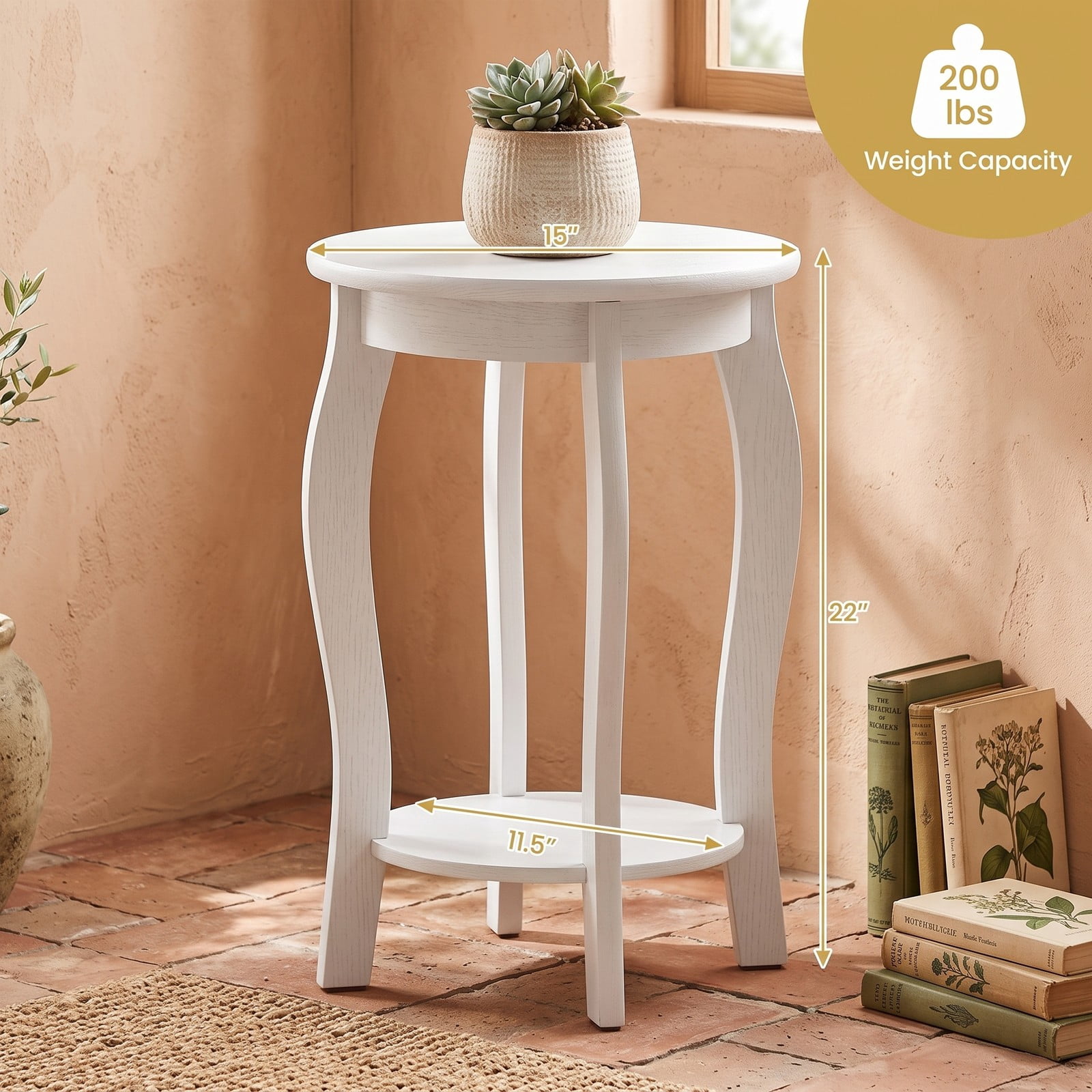 Furnibear Set of 2 Round End Tables, 15 Inch 2-Tier Side Table with Storage Shelf, Rustic Nightstand Sofa Table with Rubber Wood Legs for Living Room, Walnut & White