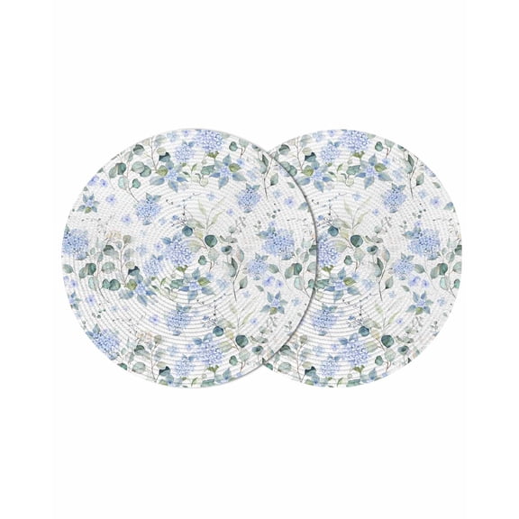 Blue Flower Round 13 Inch Placemats Set of 2, Sage Green Eucalyptus Leaf Farmhouse Country HeatResistant Non Slip Place Mats for Dining Table, Wipeable Braided Kitchen Table Mats for Housewarming