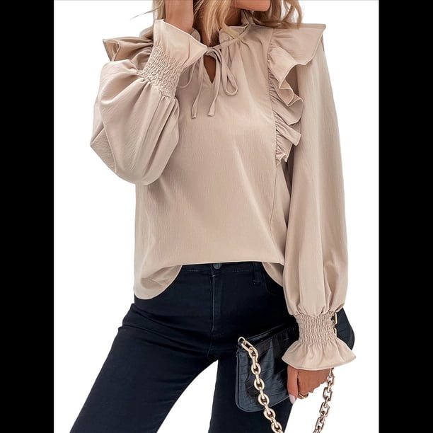 Blusas de Larga para Mujer, Elegantes, Informales, con Cuello en V y Volantes, de , para el Trabajo, de Moda para Otoño. Albaricoque M