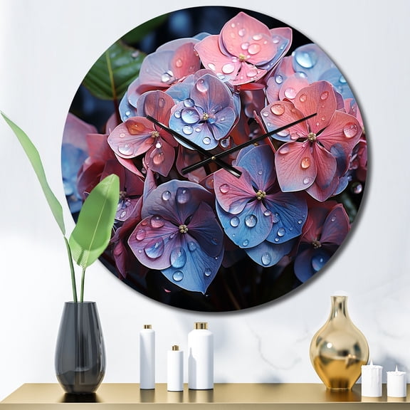 Designart "Harmonious Fusion Pink Blue Hydrangea" Floral Oversized Wall Clock
