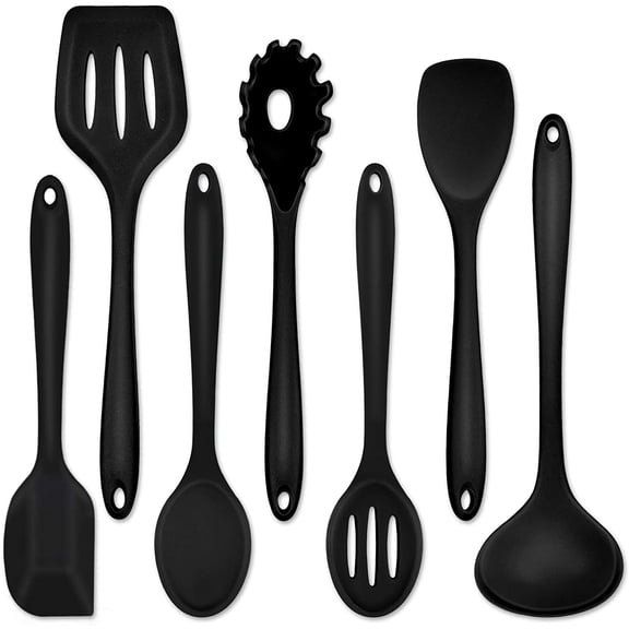 Silicone Cooking Utensils Set of 7, Heat-proof Kitchen Utensils Set for Nonstick Cookware, Non-stick Spatula, Slotted Turner, Soup Ladle, Pasta Server, Spoon for Cooking Serving - Black