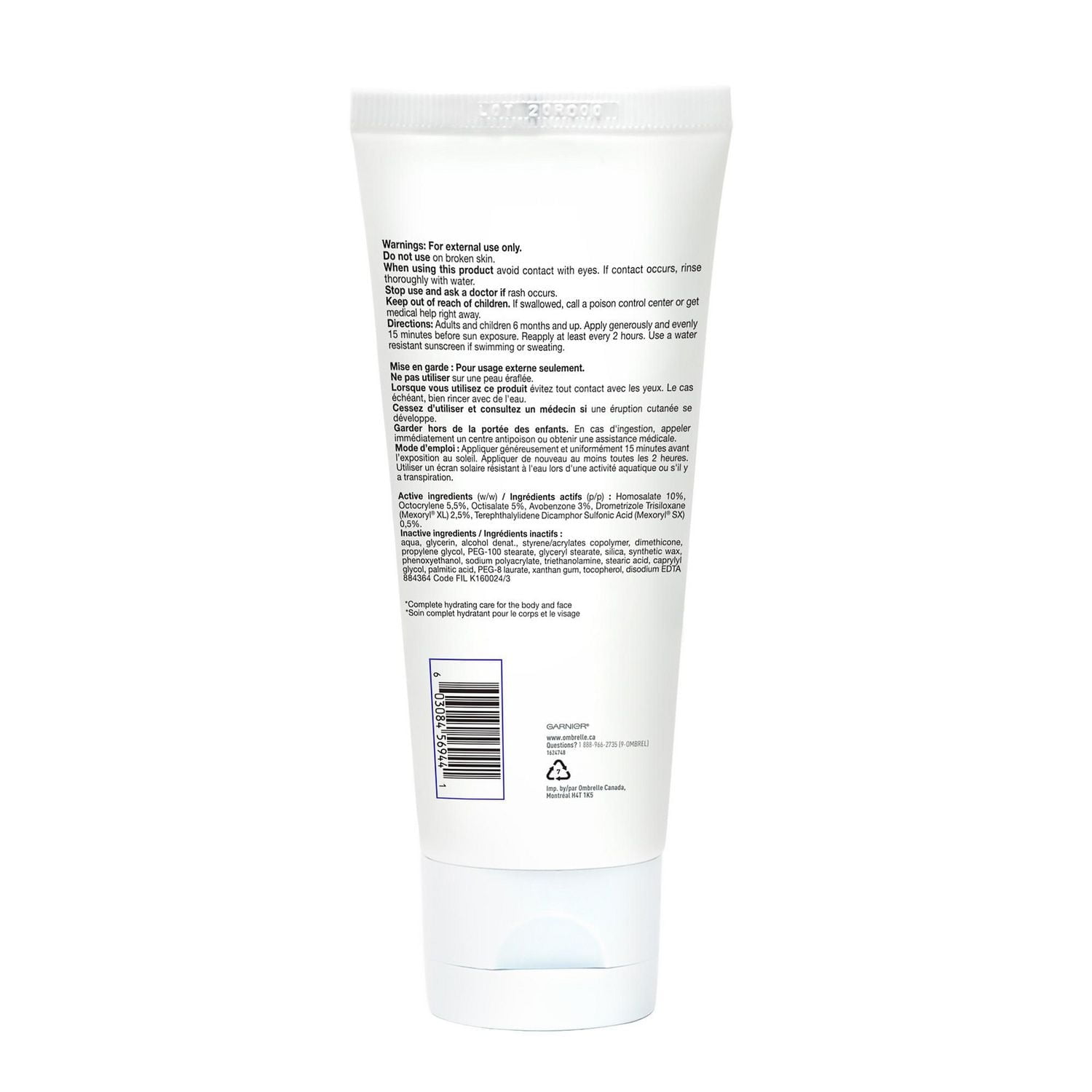 Garnier Ombrelle Écran solaire complet FPS 30, pour le corps et le visage, haute protection, défense avancée contre les UVA/UVB, non gras, résistant à l'eau, hypoallergénique, non comédogène, 200 ml