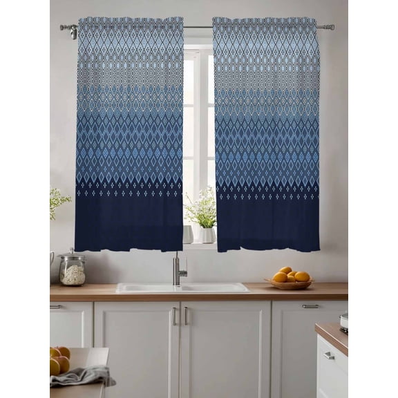 Blue Grey Ombre Geometric Sheer Kitchen Tier Curtains 45 Inch length,Rod Pocket Half Curtains & Drapes,Modern Abstract Art Light Filtering Chiffon Cafe Bathroom Window Treatments 2 Pcs 27.5"W x 45"L