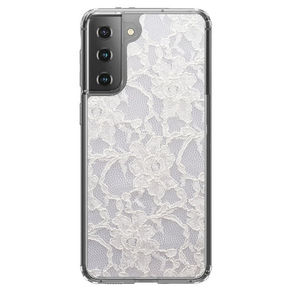 DistinctInk Clear Shockproof Hybrid Case for Galaxy S21  PLUS 5G (6.7" Screen) - TPU Bumper, Acrylic Back, Tempered Glass Screen Protector - White Lace Wedding