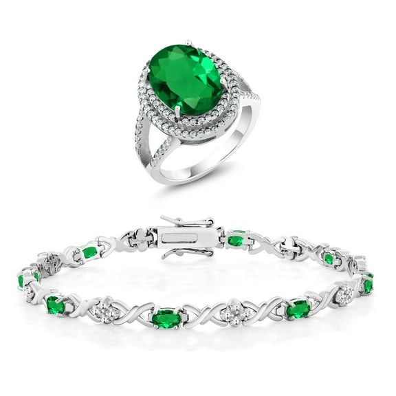 Gem Stone King 925 Sterling Silver Oval Green Nano Emerald Women Ring and Bracelet Jewelry Set (8.24 Cttw, Size 5)