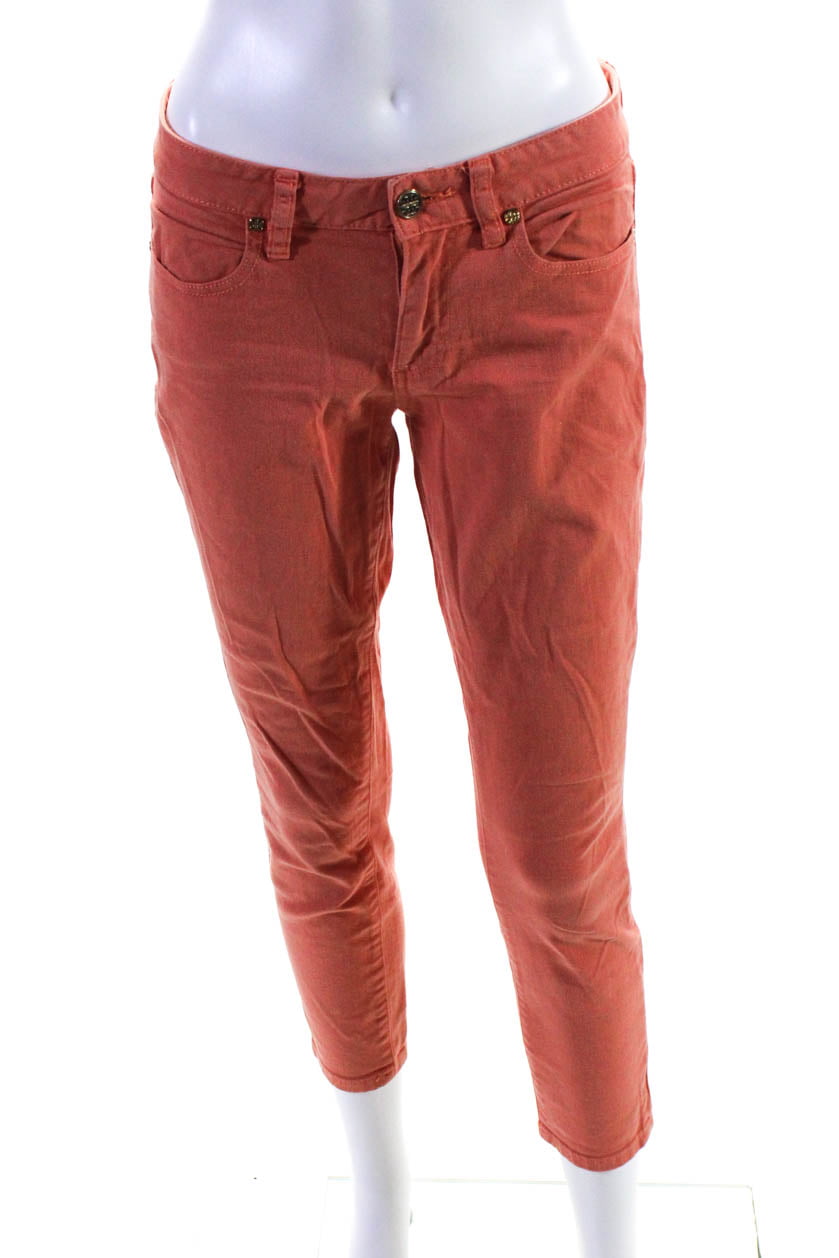 Pre-owned|Tory Burch Womens Denim Mid Rise Cropped Skinny Jeans Orange Size  25 