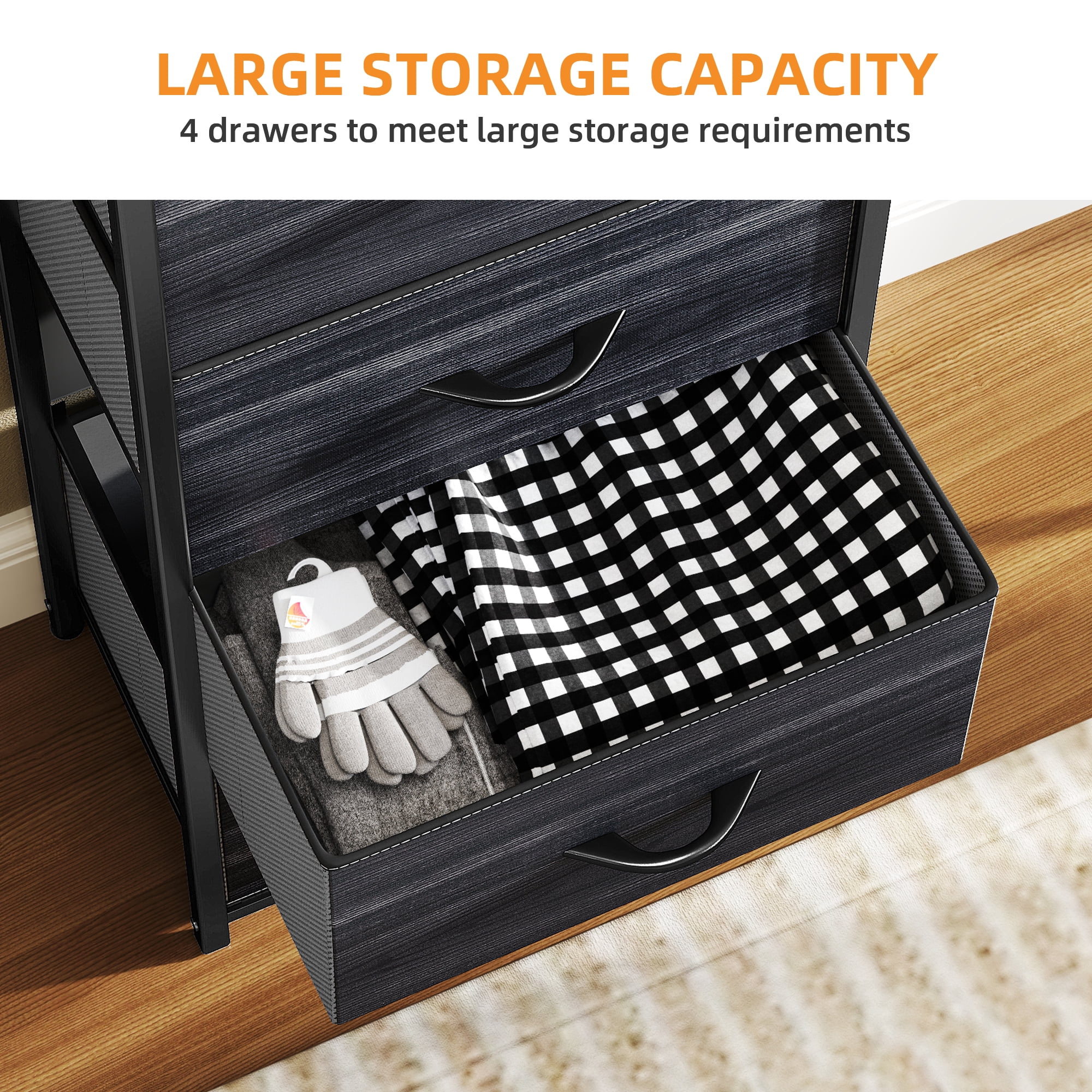 Uforic 4 Drawer Dresser Fabric Chest of Drawers Furniture Storage Organizer for Living Room,,Hallway, Black Wood Grain