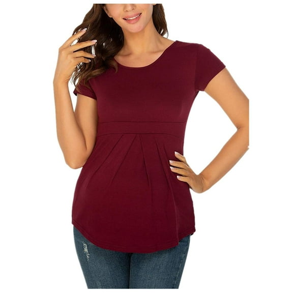 asdoklhq Maternity Clothes for Women Clearance,Summer Women Clothes Round Neck Short Sleeve Ruffle Fold Pregnant Tops