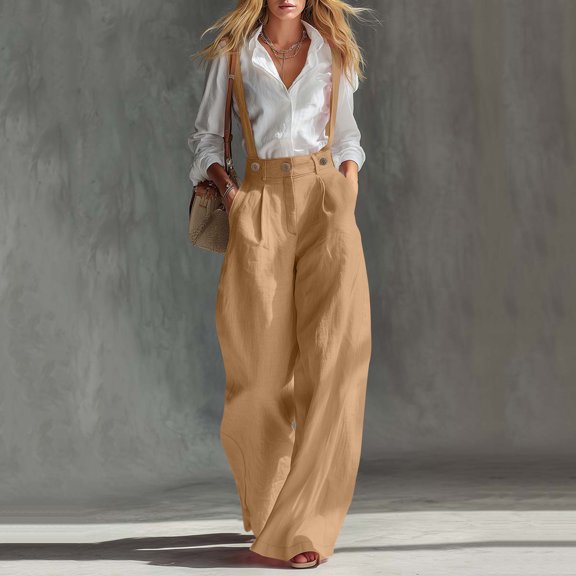 Amzcrzy Jumpsuits for Women Solid Color Button Down Suspender Pants Adjustable Straps High Waist Pleated Wide Leg Overalls for Casual Office Khaki S