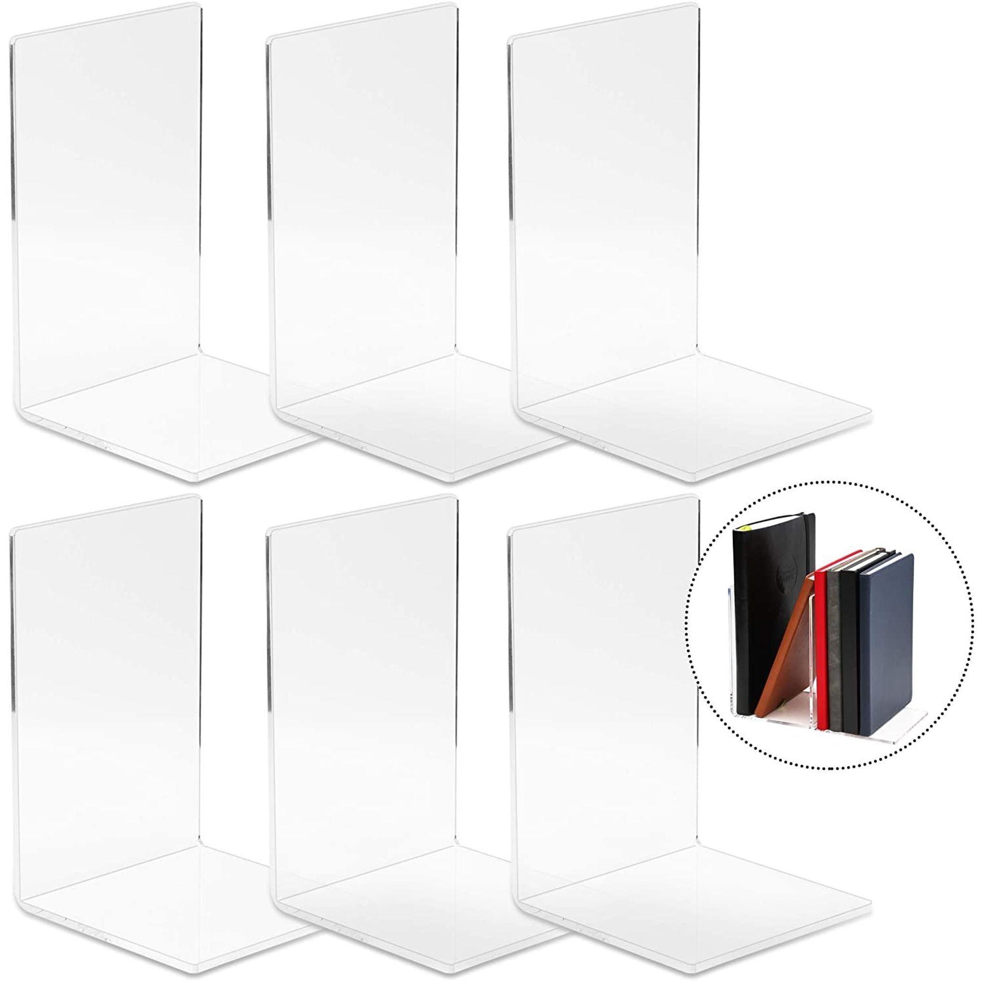 6Pack Acrylic Bookends for Shelves, Crystal Clear Real Eye Catcher in