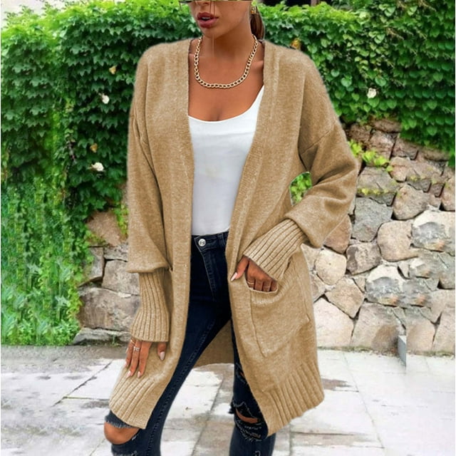 LOVZFMLL Cardigan for Women's Solid Color Cardigan Wool Sweater Pocket Recreational Sleeve Tops
