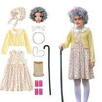 KAWELL 10 pcs Old Lady Costume for Kids,100 Days of School Costume Old Lady Wig for Girls, Granny Grandma Dress Up