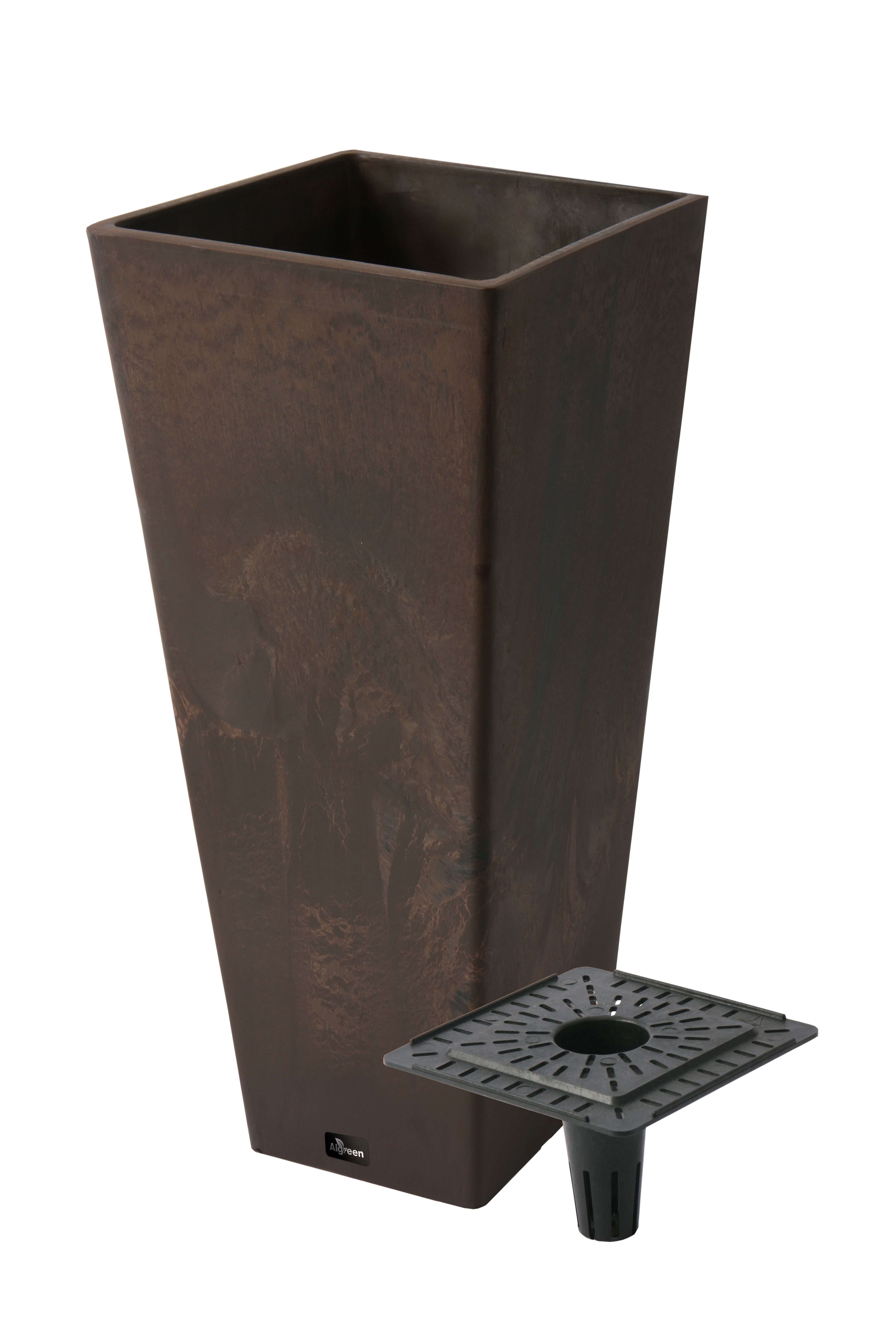 Valencia 10.5"x24"H Square Planter with Water Tray, Brown Marble