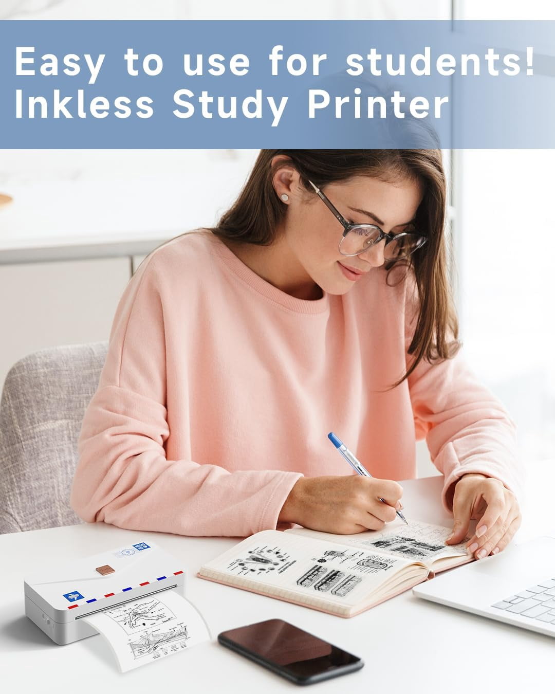 Phomemo M04AS Portable Inkless Thermal Note Printer for Versatile Printing of Documents, Notes, Lists, and Labels - Wireless Bluetooth Connectivity and Multiple Paper Sizes（White）