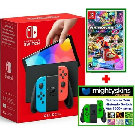 Nintendo Switch OLED Model w/ Neon Red & Neon Blue Joy-Con Console with Mario Kart 8 Deluxe Game & Mightyskins Voucher - Limited Bundle - Import with US Plug