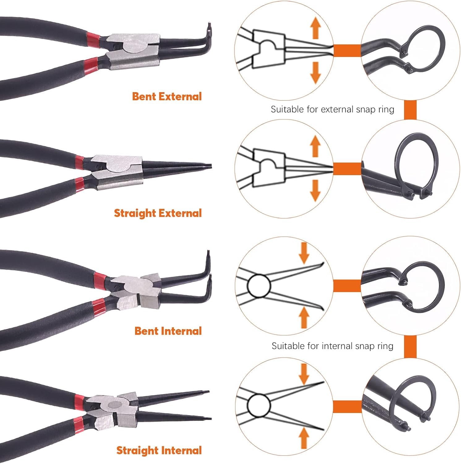 8 count 7 Inch Snap Ring Pliers Heavy Duty Hook Tool Set Internal External Circlip Pliers Tool Kit Straight Bent Jaw Pliers for Automotive Ring Removal Retaining
