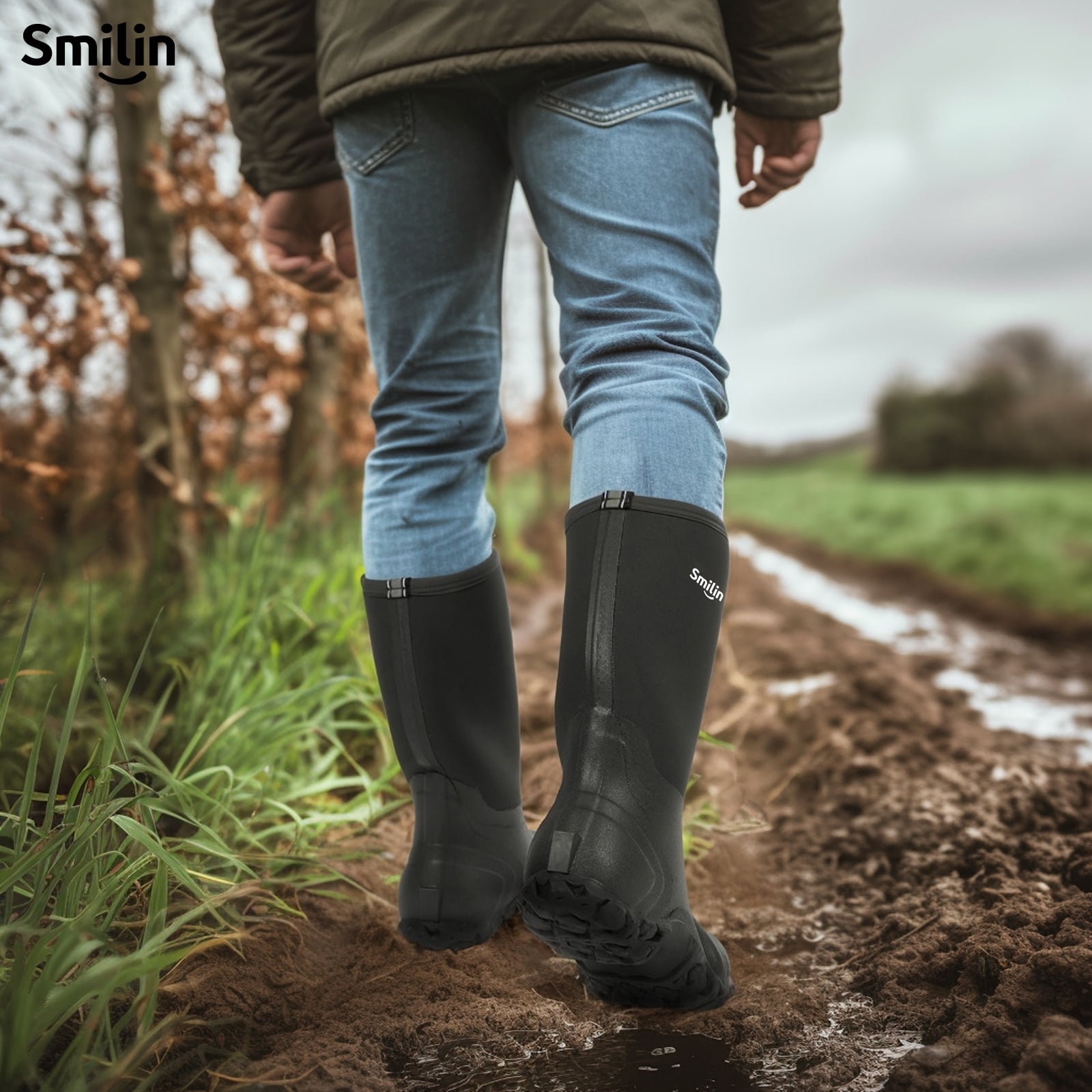 SMILIN Waterproof Rain Boots for Men, Mid Height Rubber Mud Boots for Outdoor Garden, Black, Size 9