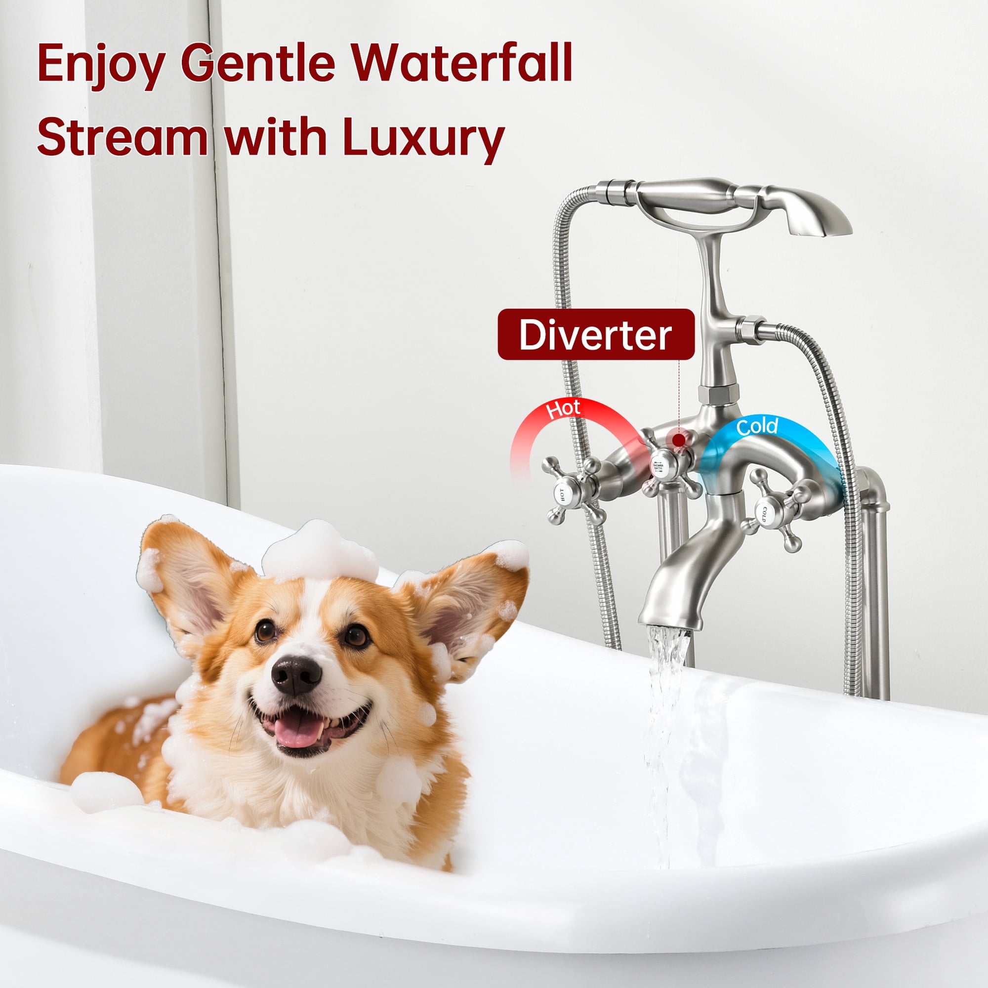 SUMERAIN Antique Floor Mount Bathtub Faucet, Brushed Nickel Waterfall Freestanding Bathroom Tub Filler with Hand Shower, High Flow
